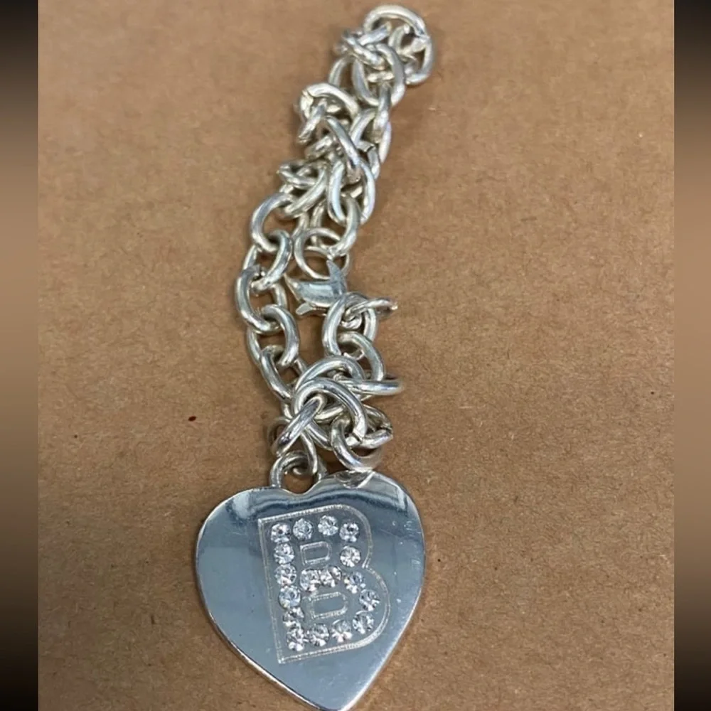 The Letter “B” Heart Charm Bracelet Rhinestones & Silver Plated